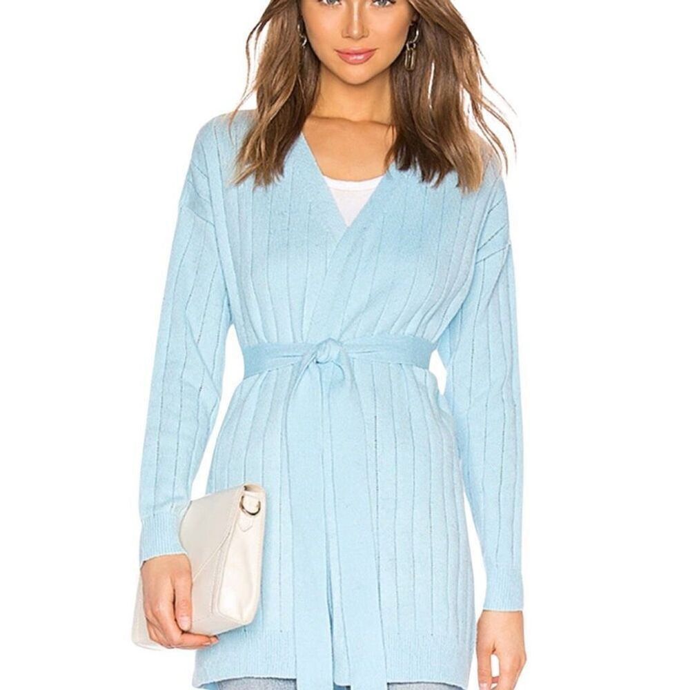 Lovers + Friends Blue Ribbed Belted Cardigan Sweater Open Front Longline Medium